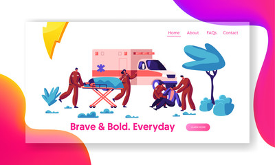 Professional Rescue Team Care your Life Landing Page. Fast Transport, Helicopter and Vehicle Health Character from Accident and to Hospital Urgent Website or Web Page. Flat Cartoon Vector Illustration