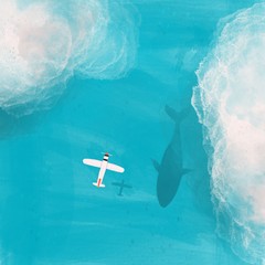 Small plane flying over the sea. Top view. Clouds and whale silhouette. Hand drawn colored illustration © Dariia