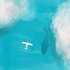  Small plane flying over the sea. Top view. Clouds and whale silhouette. Hand drawn colored illustration © Dariia
