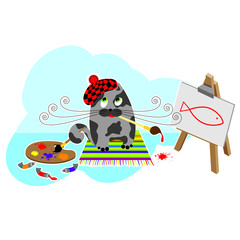 Cat painter draws a picture by paints on an easel