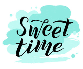 Sweet friday time lettering text on white background with turquoise spots. Handmade calligraphy vector illustration. Sweet vector design for poster, logo, decor, card, banner, postcard and print.