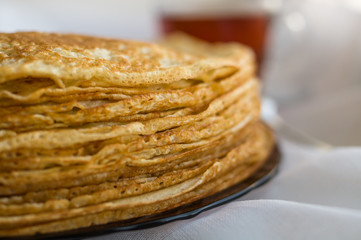 Russia, Severodvinsk, a stack of homemade Russian pancakes, close-up. selective focus