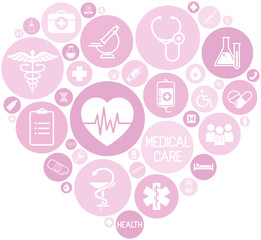 set of medical icons on circular pink colored buttons that form a heart, vector, web design elements about medicine