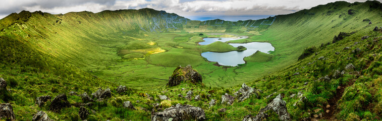 Azores landscape: Corvo island, the Azores, Portugal. Panoramic wide-angle shot of the caldeira...
