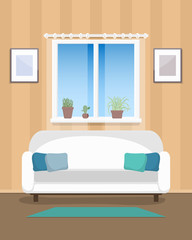 Living room interior. Room with a sofa, paintings and a rug, on the window are flowers in pots. Vector illustration, flat style. 
