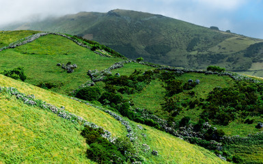 Green hills of the south side of the island of Flores on the Azores. 