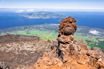 The Azores: View from Pico mountain towards crater and Faial, the highest peak in Portugal.