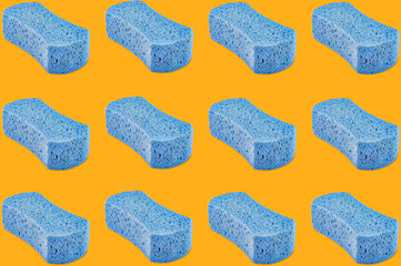 Horizontal rows of porous blue sponges on yellow background. Seamless pattern