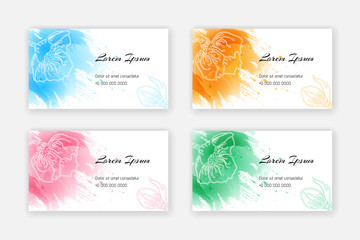 Set of card with flowers and watercolor. Vector illustration