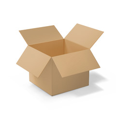 Realistic cardboard open box, side view