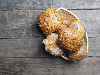 Different organic buns in a basket