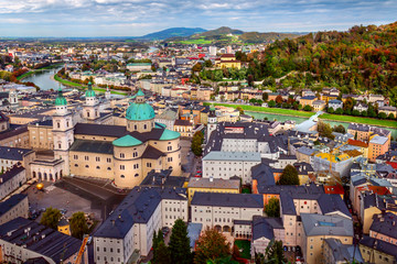 Fototapeta na wymiar Scenic view opening from Hohensalzburg fortress in Salzburg to the city and Alps, Austria