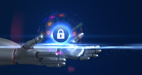 Humanoid robot arms holding 3d lock symbol. Technology related 3D Render.