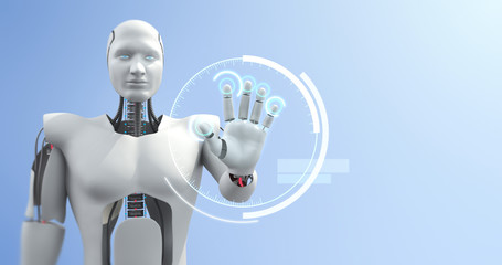 Obraz na płótnie Canvas Futuristic advanced humanoid robot controlling computer. Technology related 3D Render.