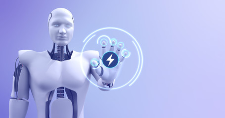 Futuristic humanoid robot showing electric symbol. Technology related 3D Render.