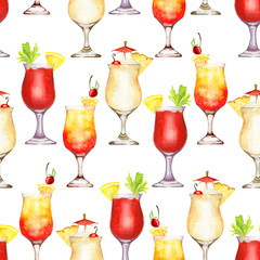 Hand drawn watercolor red and yellow cocktail seamless pattern on white