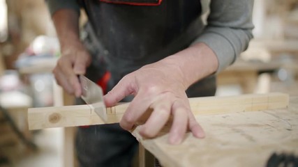 Hands of carpenter sawing wooden plank attached to workbench with clamps and using chisel to cut off small pieces of wood - Powered by Adobe
