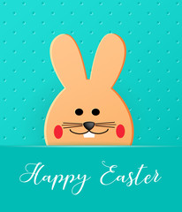Happy Easter. Cartoon Easter Bunny looking at a green embossed background. Template for greeting card. Paper cut style.