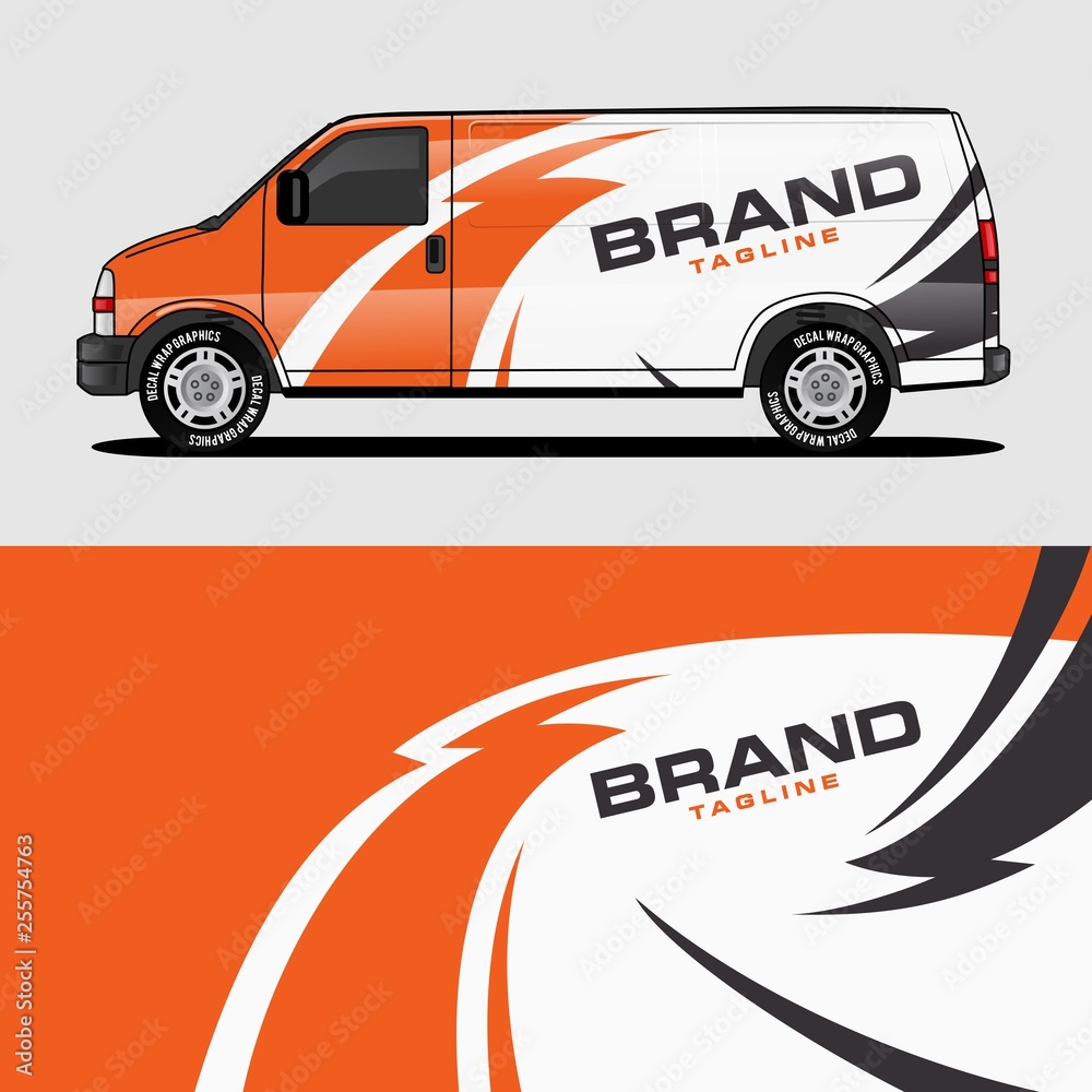 Wall mural car livery orange van wrap design wrapping sticker and decal design for corporate company branding vector