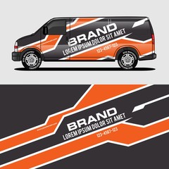 car livery orange van wrap design wrapping sticker and decal design for corporate company branding vector © nianurul