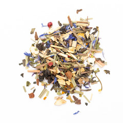 Herbal tea on a white background. Top view.