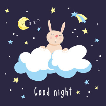 Dark night background with cute cartoon bunny on the clouds. Vector illustration.
