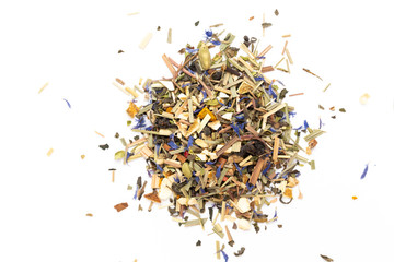 Herbal tea on a white background. Top view.