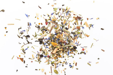 Herbal tea on a white background. Top view.