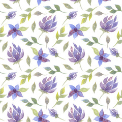watercolor seamless pattern with flowers, leaves. Ideal for fabric, textiles, bed linen, wrapping paper, cards, wedding invitations