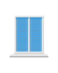 White window with blinds isolated on white background. Closed window with blue blinds. Vector.