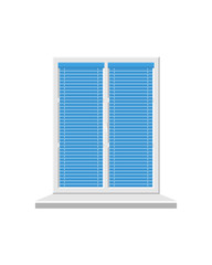 White window with blinds isolated on white background. Closed window with blue blinds. Vector.