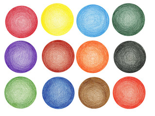 Circles (rounds) hand drawn by color pencils, bright colors, high resolution 600 dpi, isolated on white, with texture of color pencil