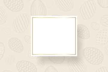 Happy Easter background, pastel textured eggs. Gold decoration paper frame. Greeting Easter 3D card. Border template, empty copy space. Holiday design poster, banner, invitation. Vector illustration