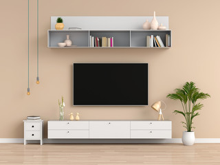 Widescreen TV and sideboard in brown living room, 3D rendering