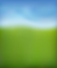 Obraz premium Summer background. Green fresh grass, blue sunny sky blur design. Abstract summer, spring nature. Beauty garden, park, meadow field landscape. Beautiful natural sunlight pattern. Vector illustration