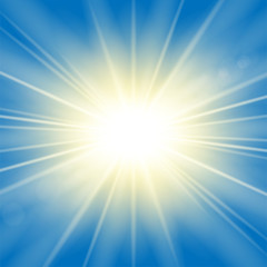 Sun rays. Starburst bright effect, isolated on blue background. Gold light star flash. Abstract shine beams. Vibrant magic sparkle explosion. Glowing burst, lens effect. Vector illustration