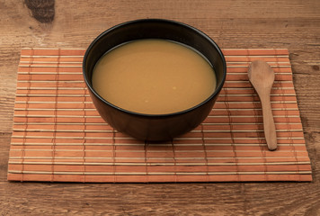 a bowl of soup on a wooden table