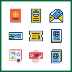 9 pass icon. Vector illustration pass set. plane ticket and ticket icons for pass works