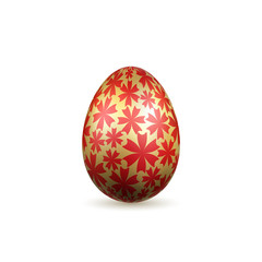 Easter egg 3D icon. Gold egg, isolated white background. Bright red flower design, golden realistic decoration Happy Easter celebration. Holiday element pattern. Spring symbol. Vector illustration