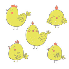 Collection cute cartoon chiken. Vector illustration.
