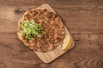 Lahmacun, Turkish Pizza on a wooden table