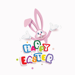 Obraz na płótnie Canvas Cute pink Easter Bunny with colorful text -Happy Easter- isolated on a light background