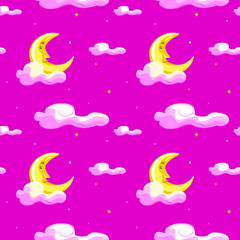 Obraz na płótnie Canvas Cute moon, clouds and night sky with stars seamless pattern. Hand drawn illustration. Texture for printing, wrapping, wallpaper, fabric, and textile. 