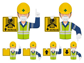 Set of industrial worker with dust mask is gesturing hand sign ( increase,decrease)