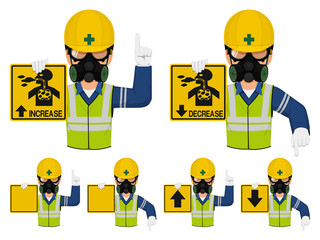 Set of industrial worker with gas mask is gesturing hand sign ( increase,decrease)