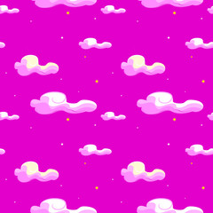 Cute clouds and night sky with stars seamless pattern. Hand drawn illustration. Texture for printing, wrapping, wallpaper, fabric, and textile. 