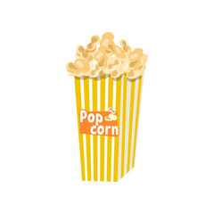 Big full yellow-and-white striped popcorn bucket isolated with lettering.