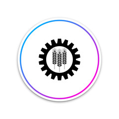 Wheat and gear icon on white background. Agriculture symbol with cereal grains and industrial gears. Industrial and agricultural. Biotechnology concept. Circle white button. Vector Illustration