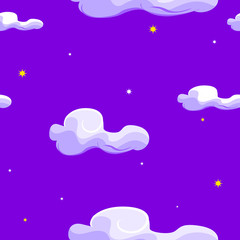 Cute clouds and night sky with stars seamless pattern. Vector hand drawn illustration. Texture for printing, wrapping, wallpaper, fabric, and textile. 