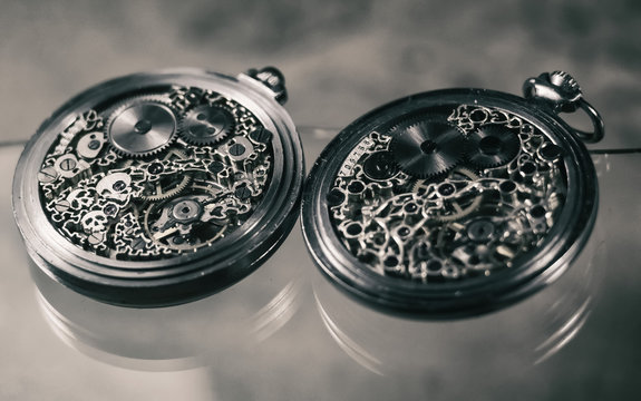 mechanism with gears. clockwork skeleton. Elegant vintage handmade pocket watches with exclusive carvings and engravings. jewelry.